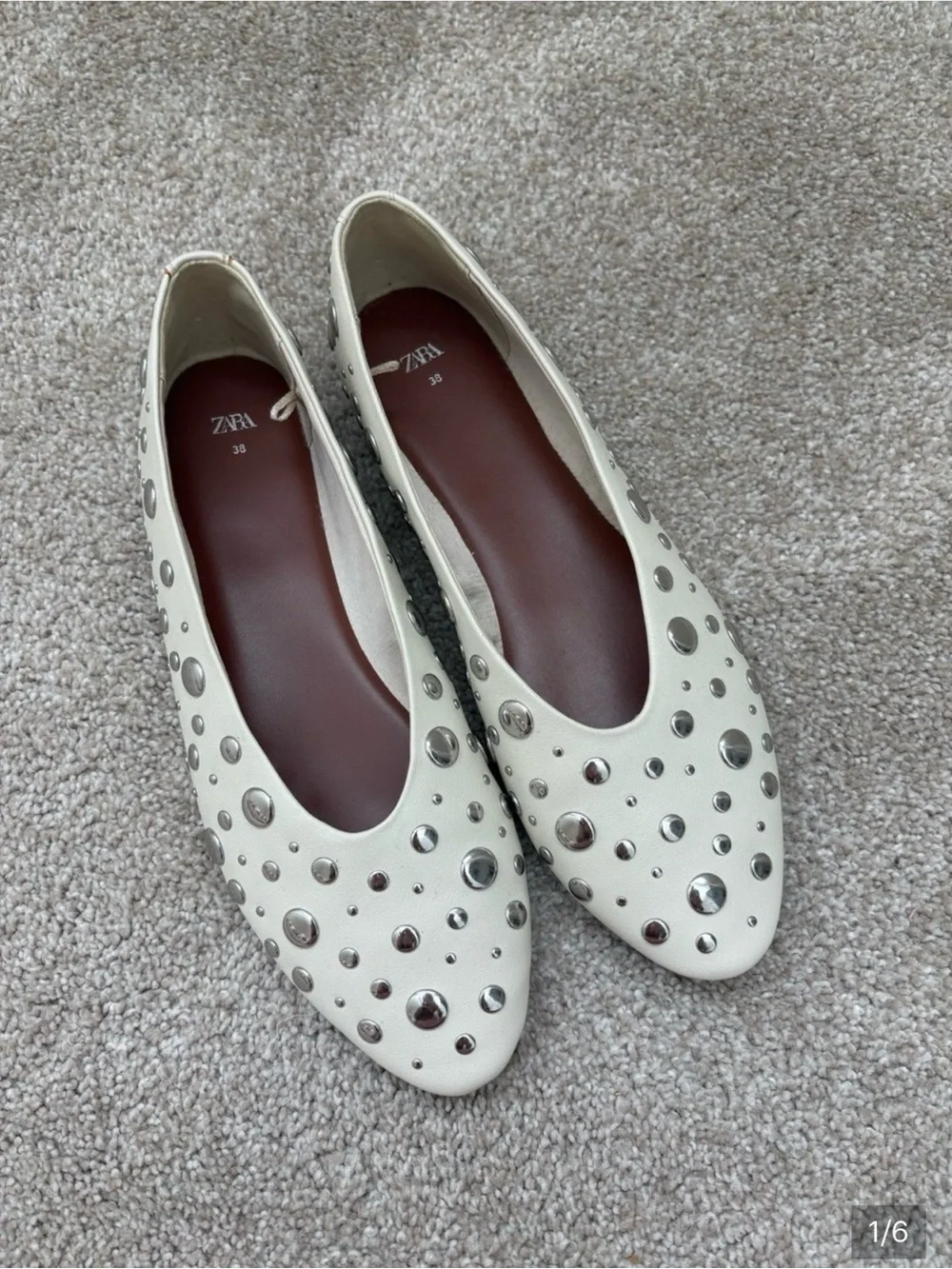 Zara Cream Studded Pointed Ballet Flats